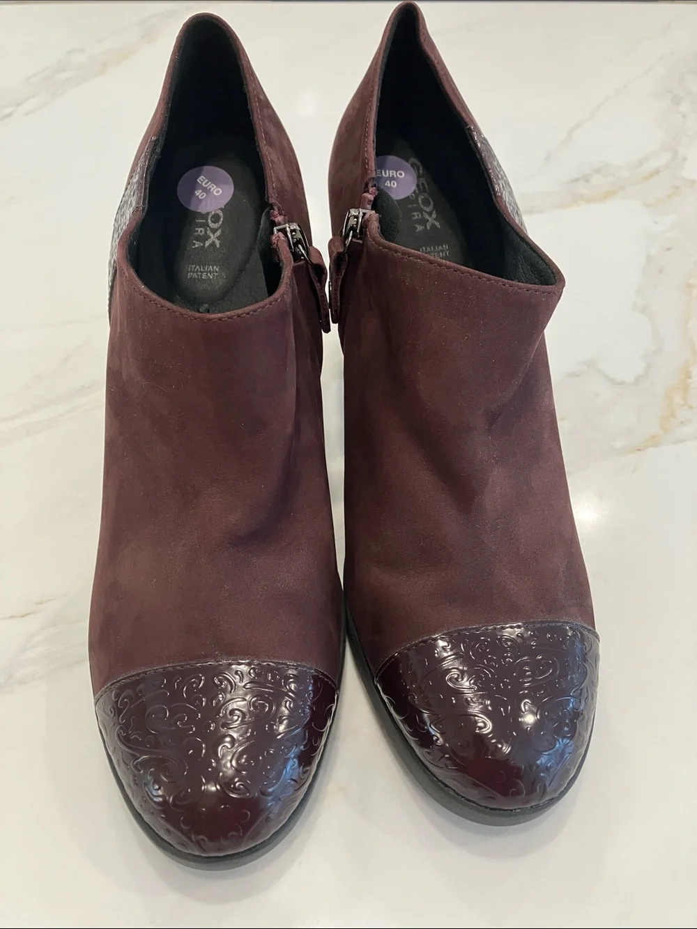 Geox Burgundy Platform Suede Booties w/ Patent Leather Cap Toe- Never Worn